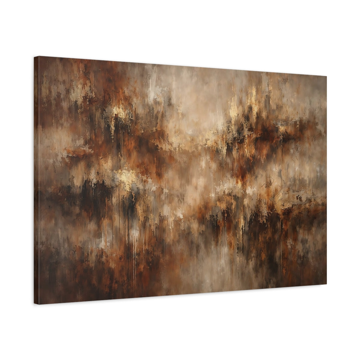 Side Mockup 1. Abstract Abstract Texture Brown And Gold shown as stretched canvas wall art
