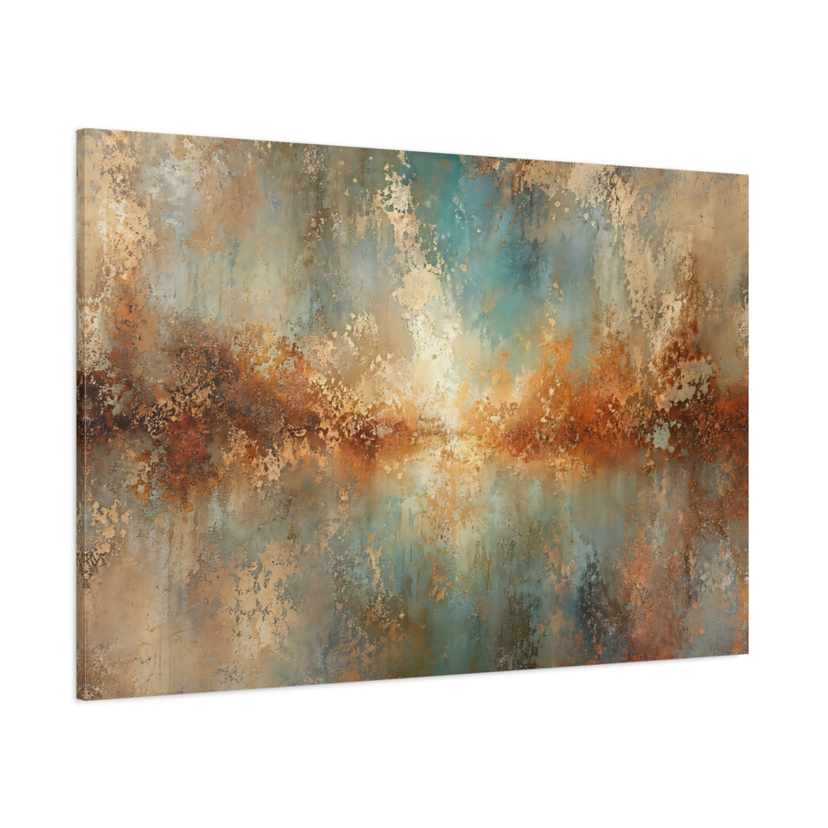 Side Mockup 1. Abstract Abstract Texture Copper Teal Patina shown as stretched canvas wall art