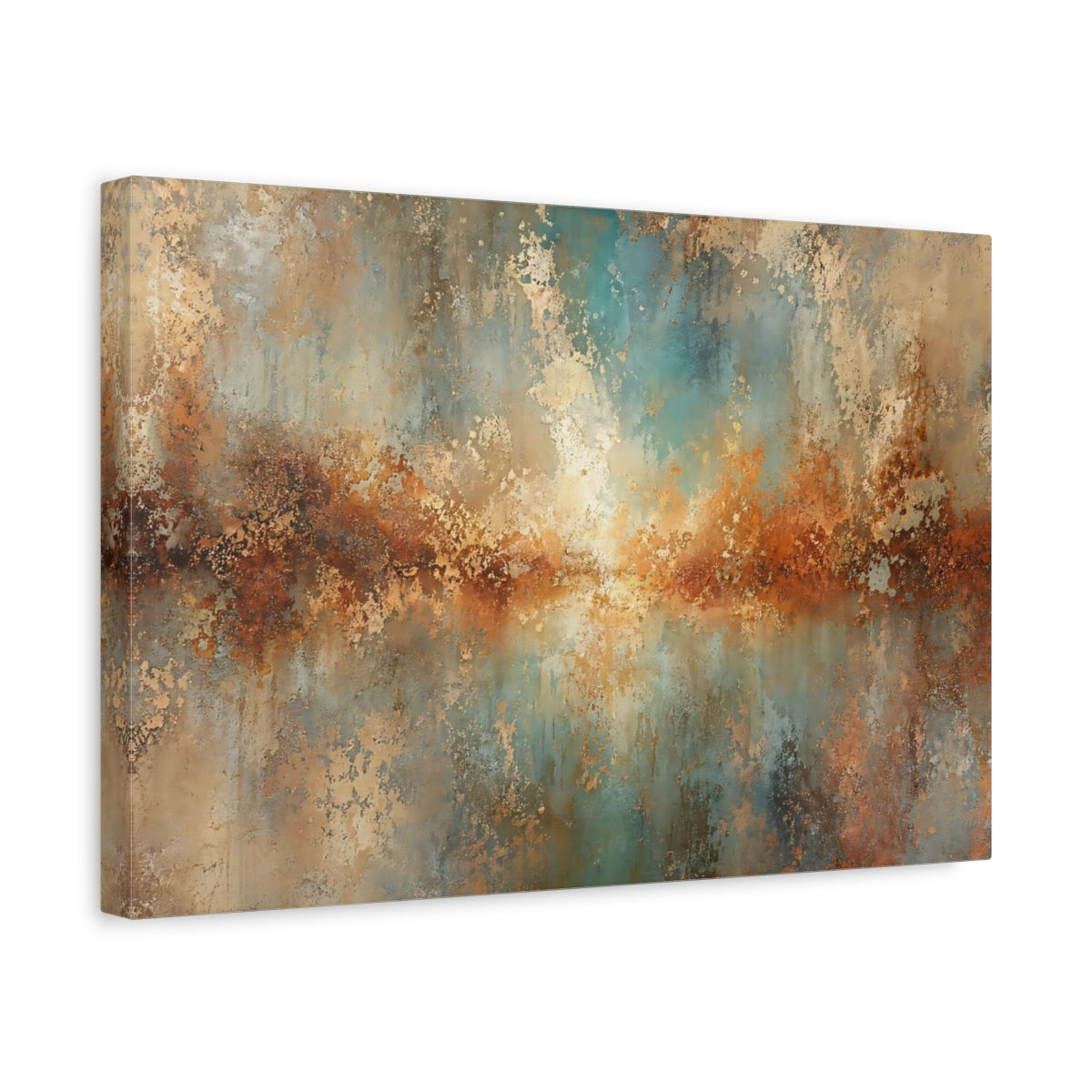 Side Mockup 4. Abstract Abstract Texture Copper Teal Patina shown as stretched canvas wall art