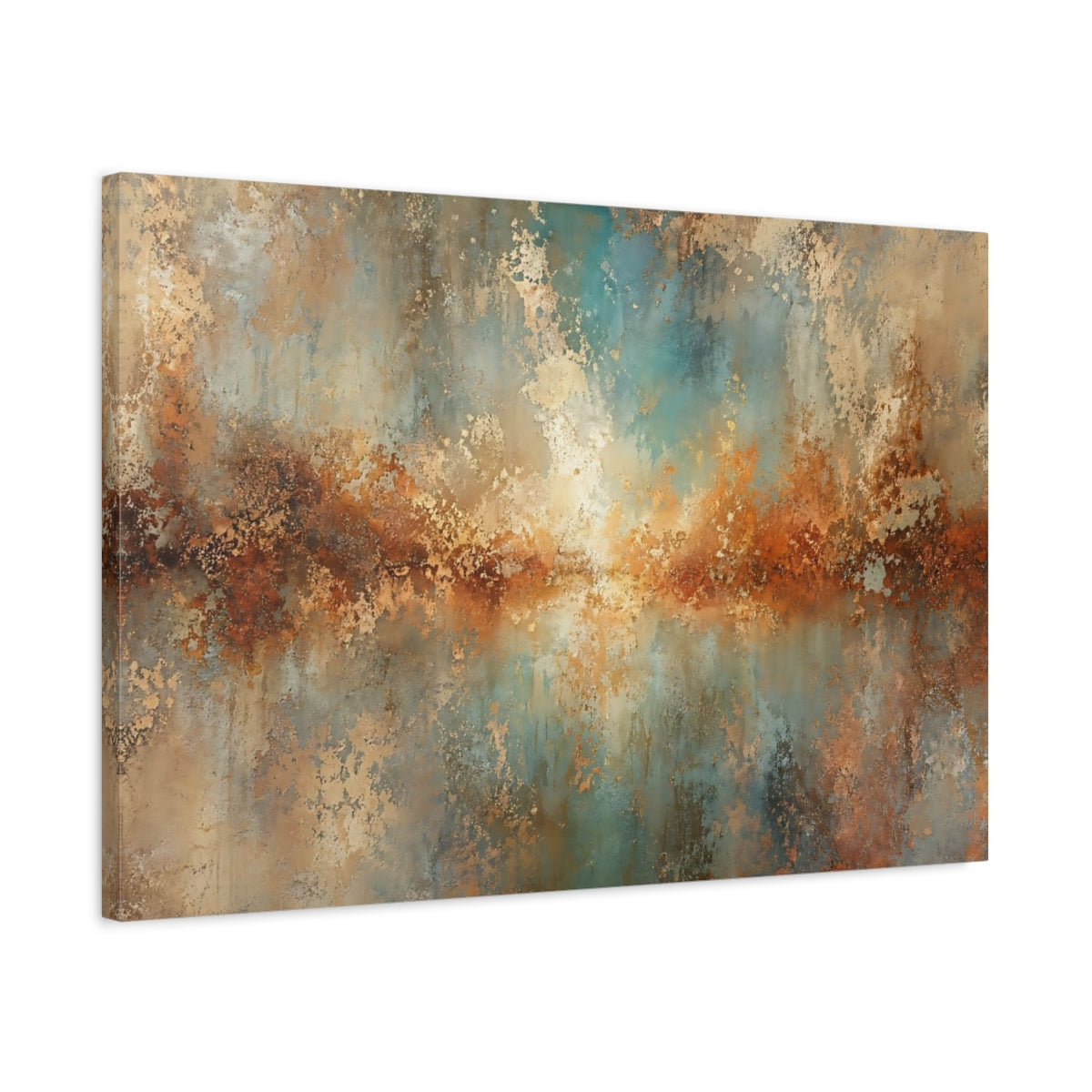 Side Mockup 2. Abstract Abstract Texture Copper Teal Patina shown as stretched canvas wall art