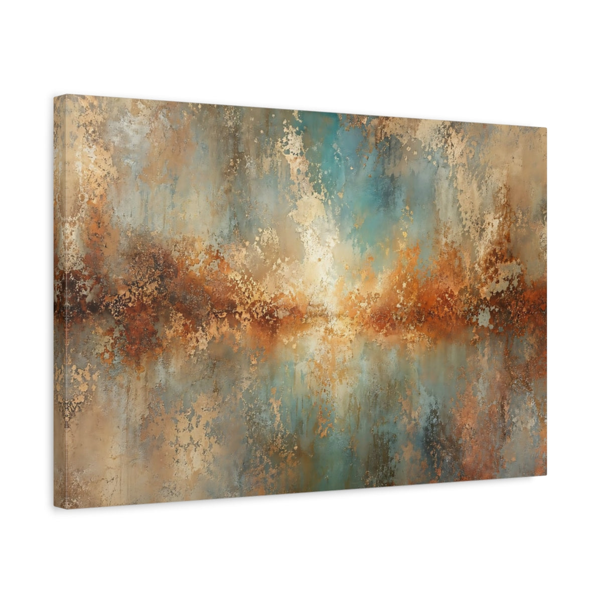 Side Mockup 3. Abstract Abstract Texture Copper Teal Patina shown as stretched canvas wall art