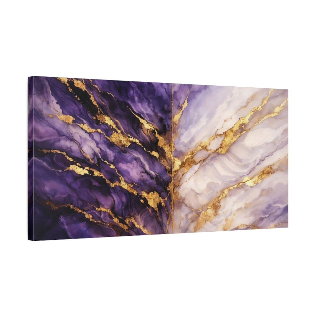 Side Mockup 2. Abstract Abstract Texture Purple Gold Marble shown as stretched canvas wall art