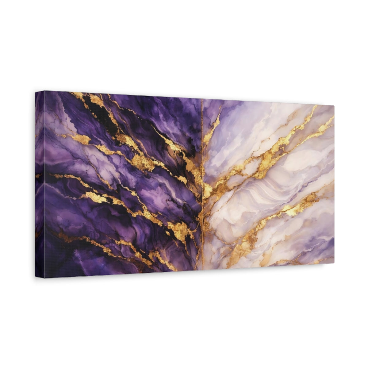 Side Mockup 3. Abstract Abstract Texture Purple Gold Marble shown as stretched canvas wall art