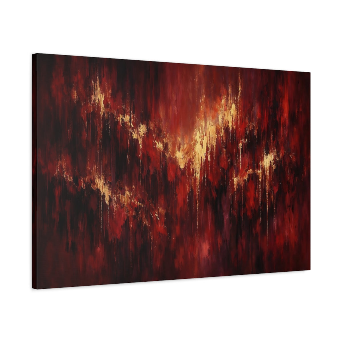 Side Mockup 1. Abstract Abstract Texture Red And Gold Abstract shown as stretched canvas wall art