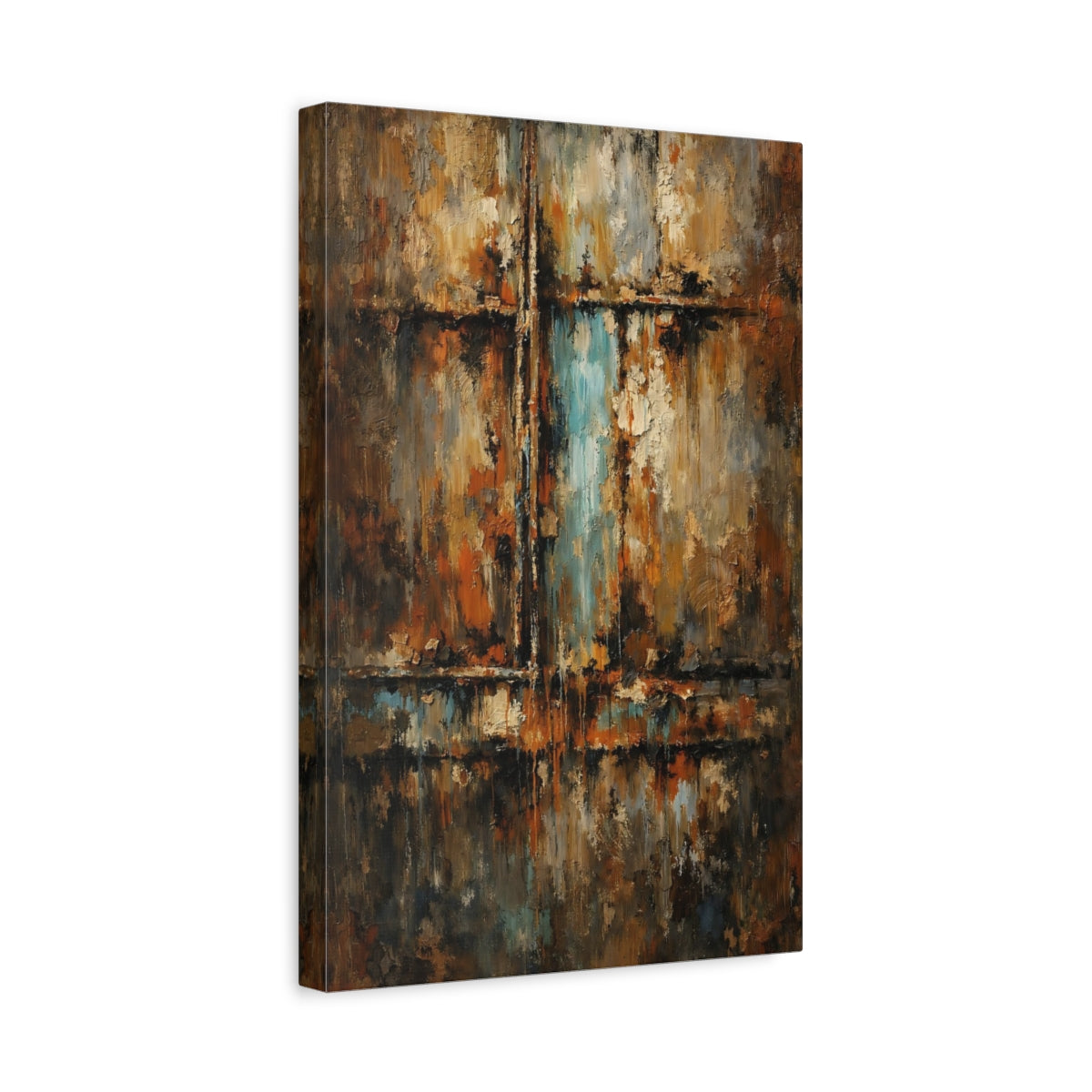 Side Mockup 4. Abstract Abstract Texture Rust Blue Abstract shown as stretched canvas wall art