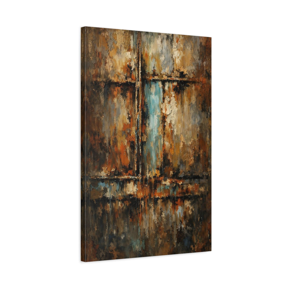 Side Mockup 2. Abstract Abstract Texture Rust Blue Abstract shown as stretched canvas wall art