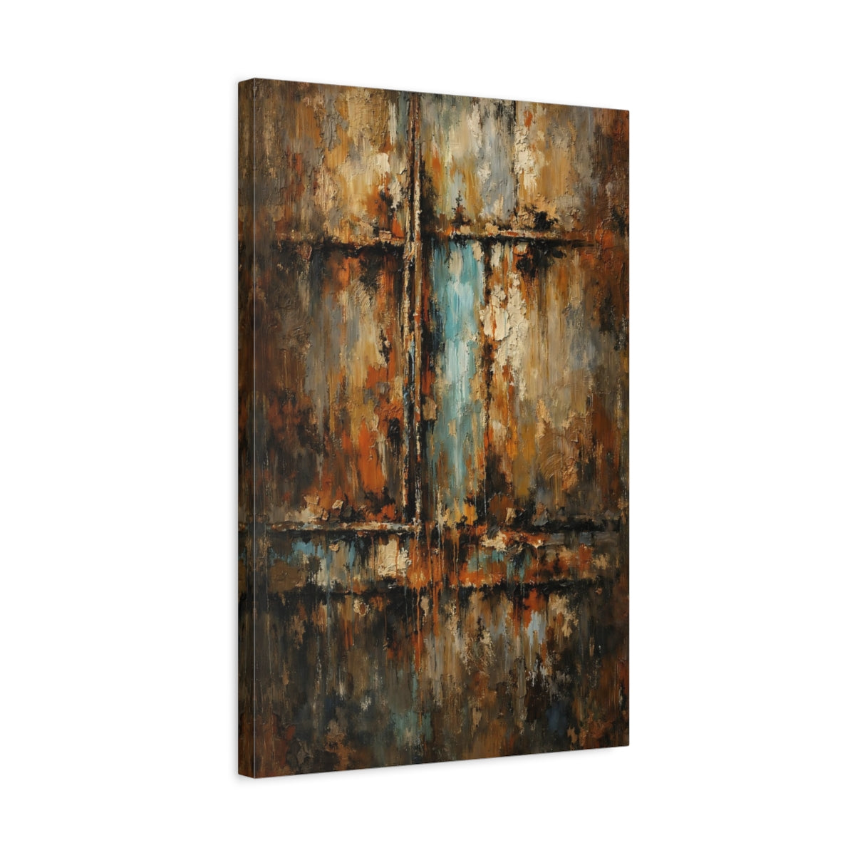 Side Mockup 3. Abstract Abstract Texture Rust Blue Abstract shown as stretched canvas wall art