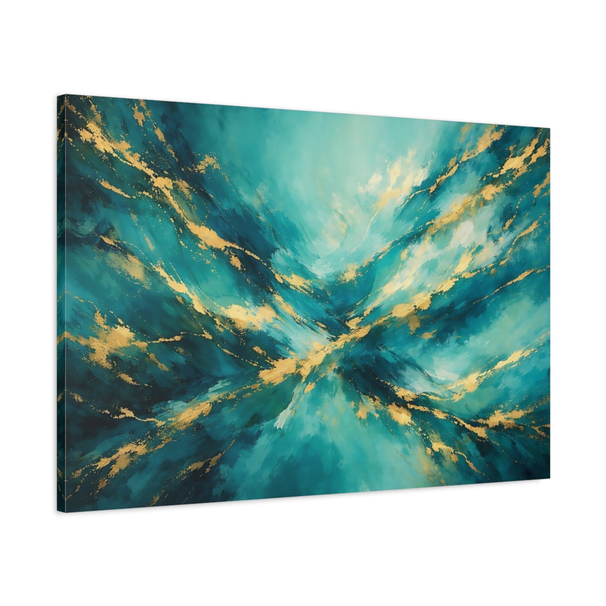 Side Mockup 1. Abstract Abstract Texture Teal And Gold shown as stretched canvas wall art