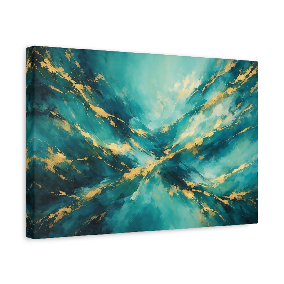 Side Mockup 4. Abstract Abstract Texture Teal And Gold shown as stretched canvas wall art