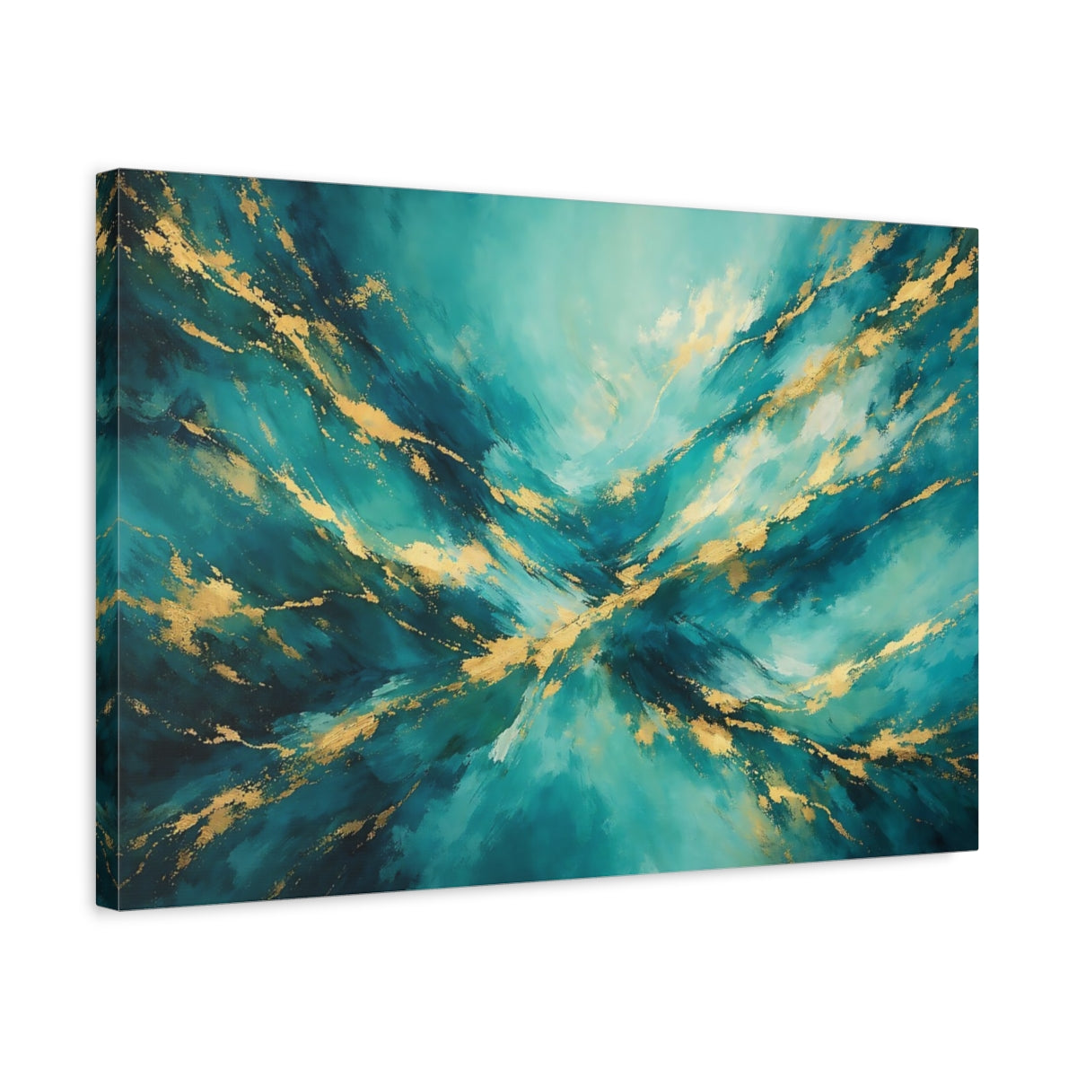 Side Mockup 3. Abstract Abstract Texture Teal And Gold shown as stretched canvas wall art