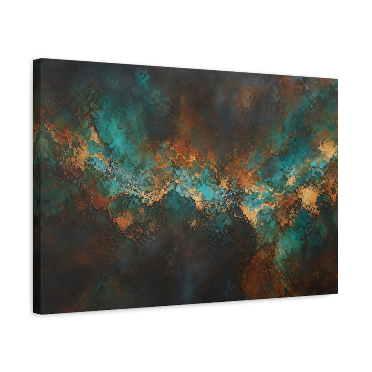 Side Mockup 3. Abstract Abstract Texture Teal Gold Abstract shown as stretched canvas wall art