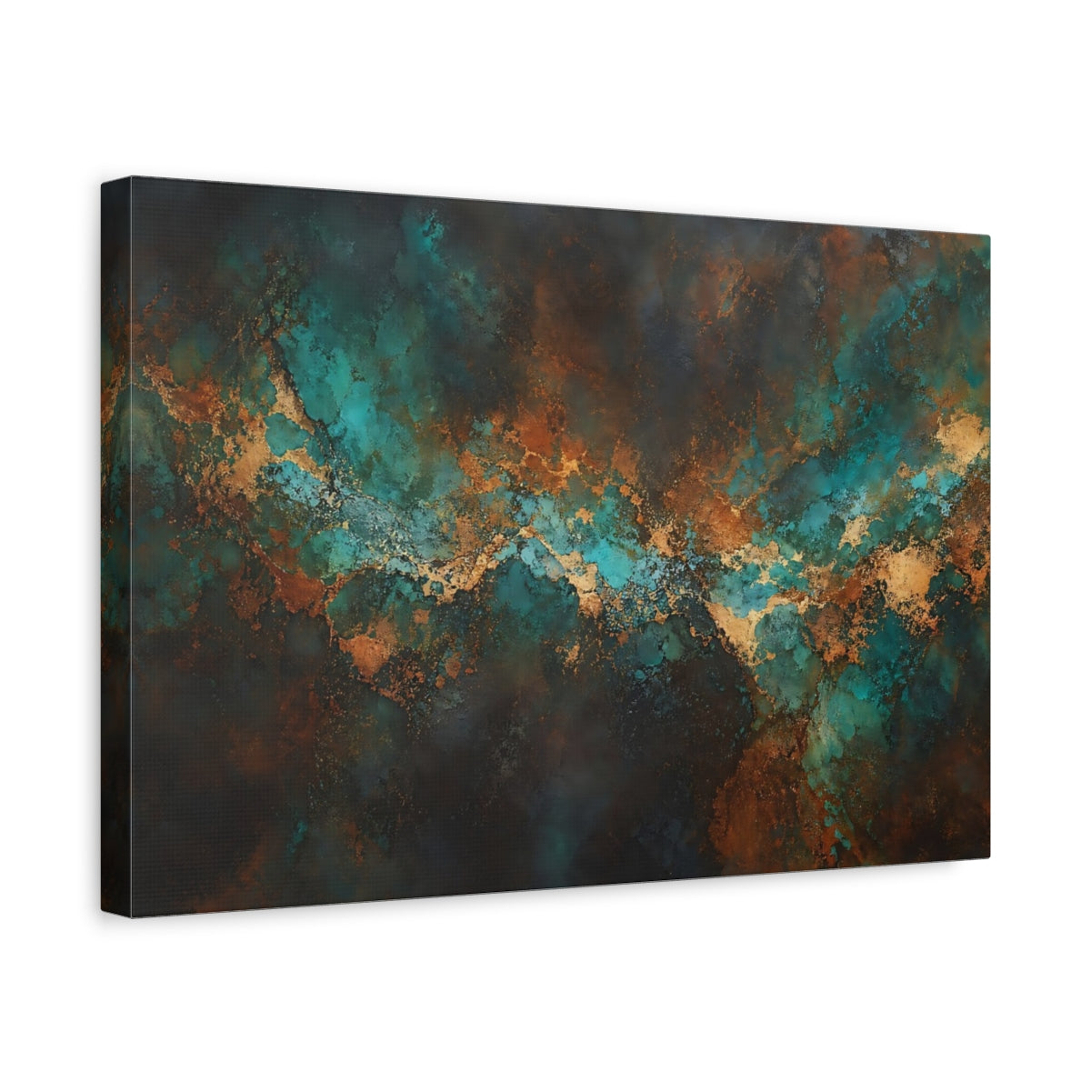 Side Mockup 4. Abstract Abstract Texture Teal Gold Abstract shown as stretched canvas wall art