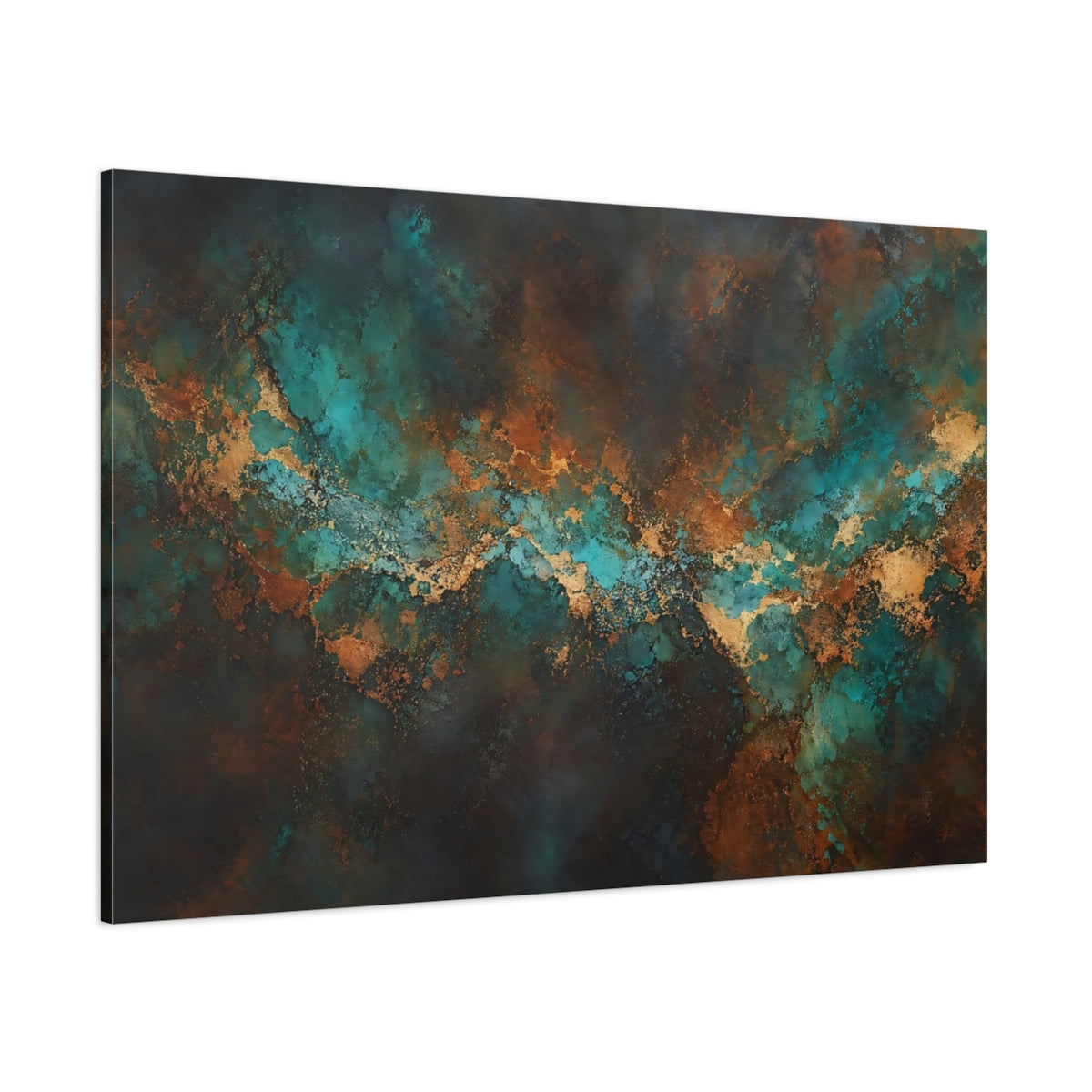 Side Mockup 1. Abstract Abstract Texture Teal Gold Abstract shown as stretched canvas wall art