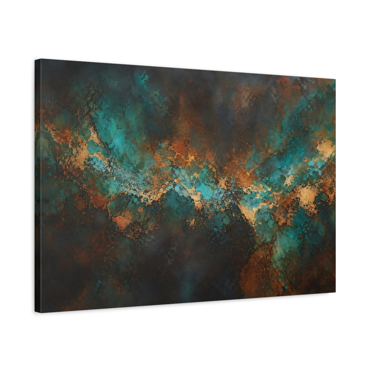 Side Mockup 2. Abstract Abstract Texture Teal Gold Abstract shown as stretched canvas wall art