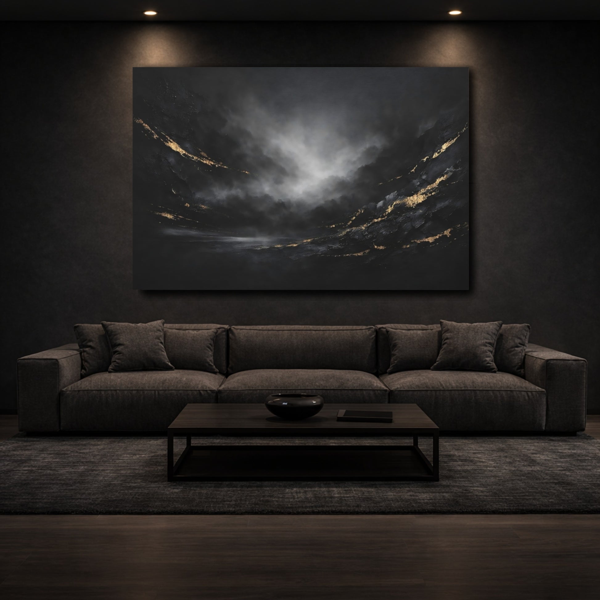 Mockup 2. Abstract Textured Abstract Black And Gold Abstract shown as stretched canvas wall art
