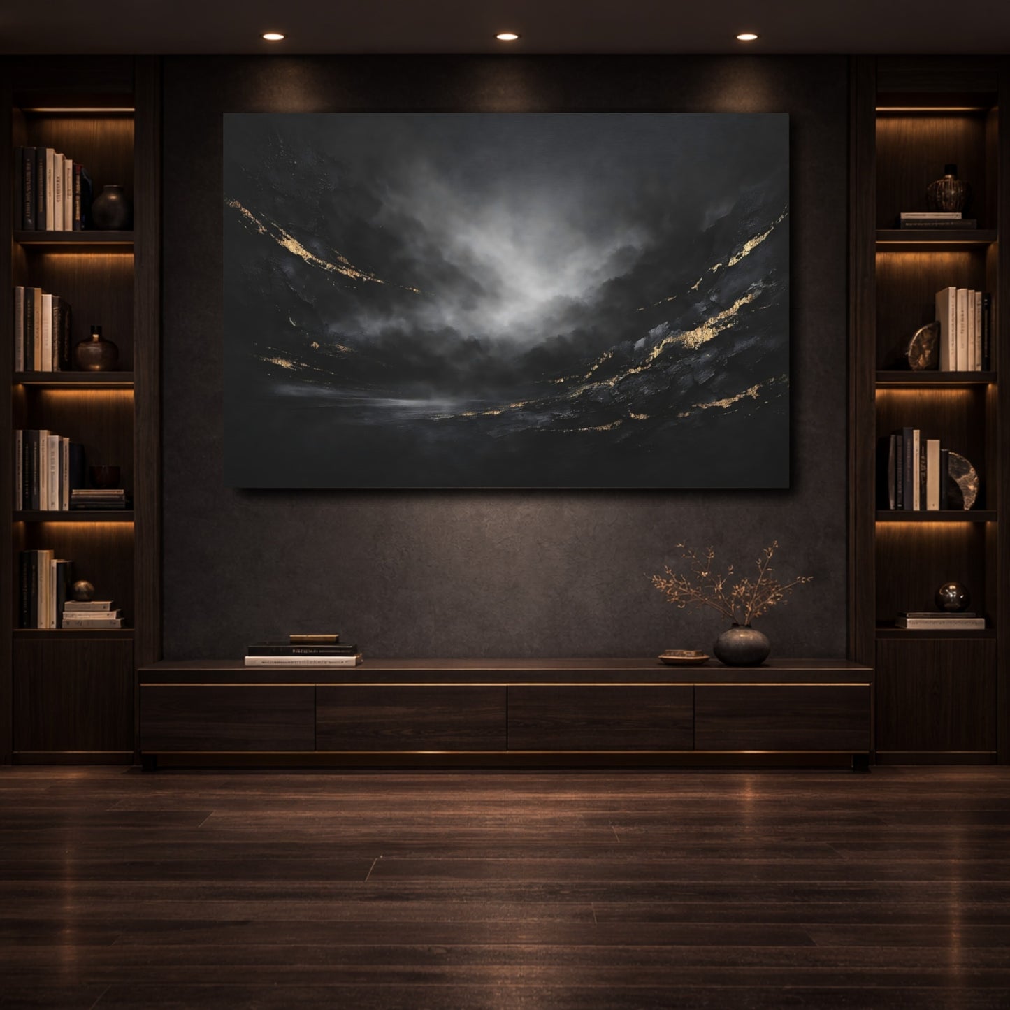 Mockup 3. Abstract Textured Abstract Black And Gold Abstract shown as stretched canvas wall art