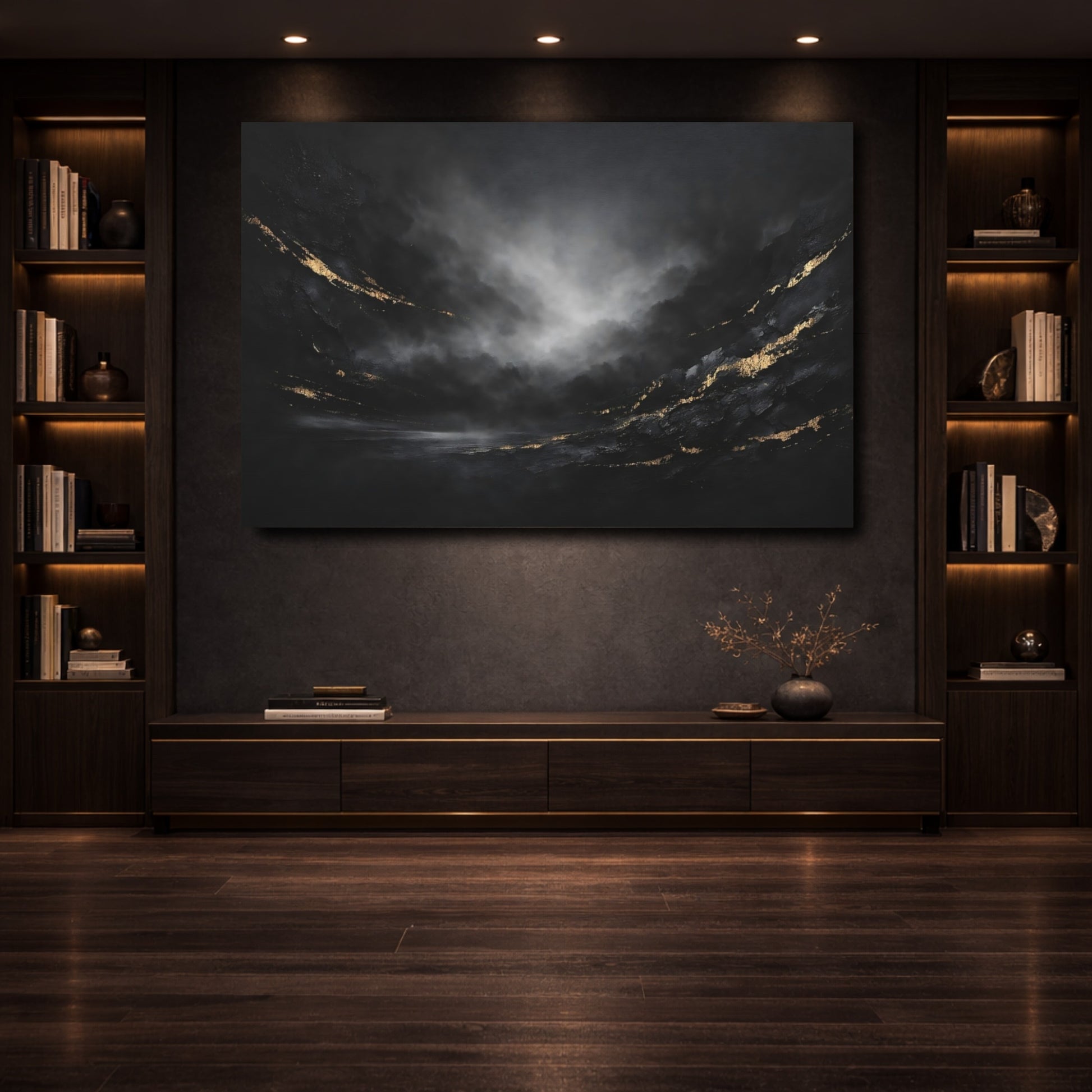 Mockup 3. Abstract Textured Abstract Black And Gold Abstract shown as stretched canvas wall art
