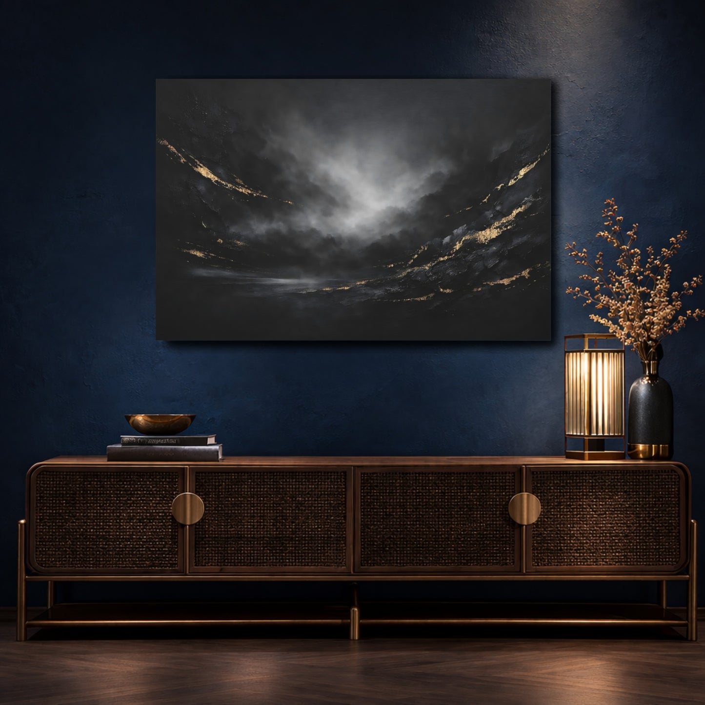 Mockup 4. Abstract Textured Abstract Black And Gold Abstract shown as stretched canvas wall art