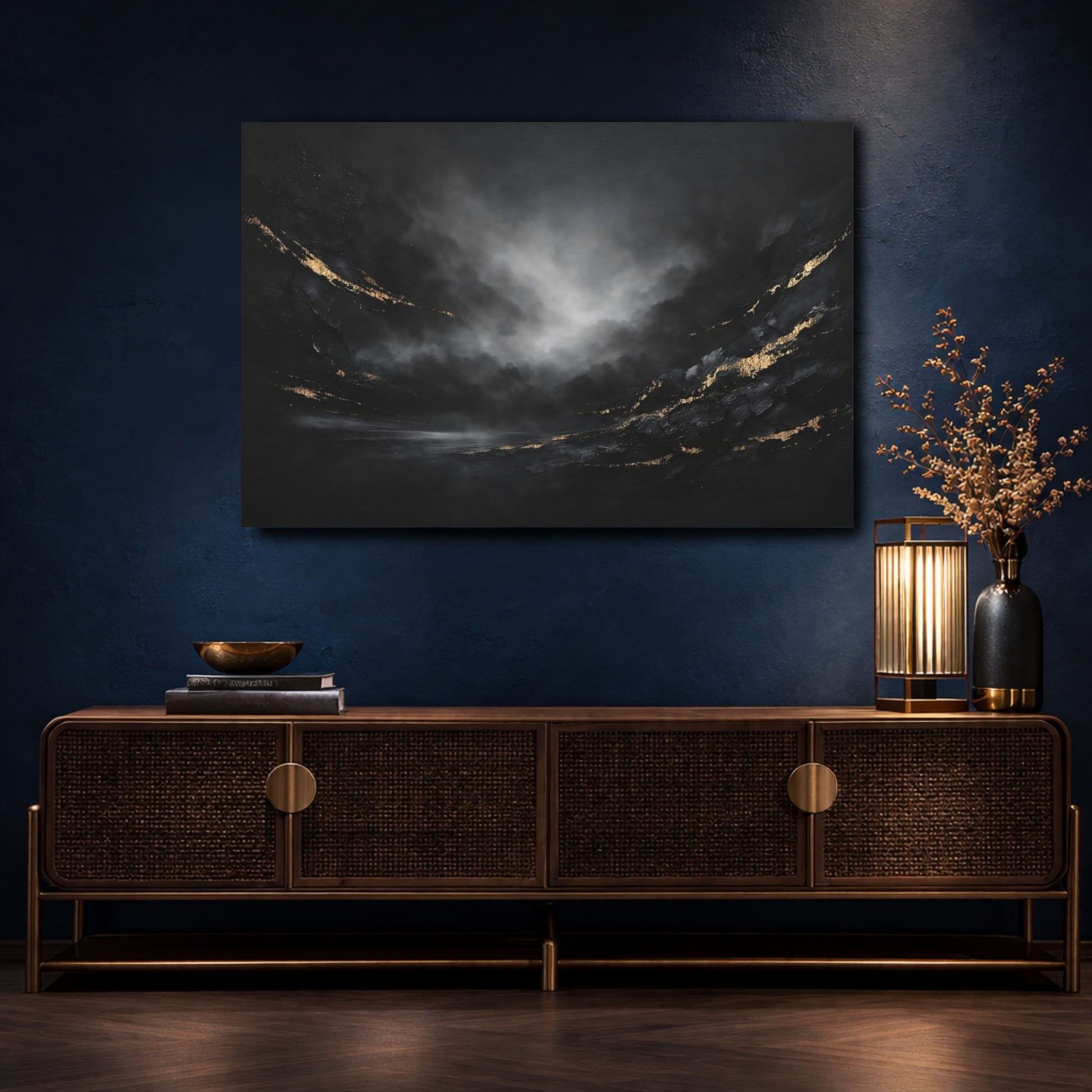 Mockup 4. Abstract Textured Abstract Black And Gold Abstract shown as stretched canvas wall art
