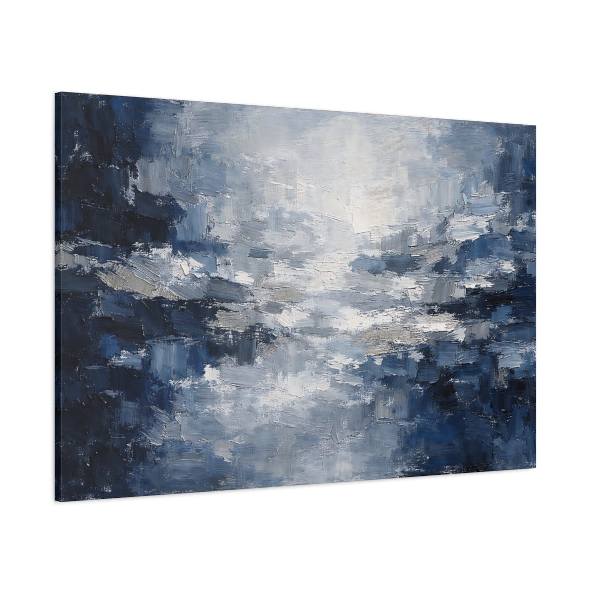 Main Mockup. Abstract Textured Abstract Blue And Grey shown as stretched canvas wall art