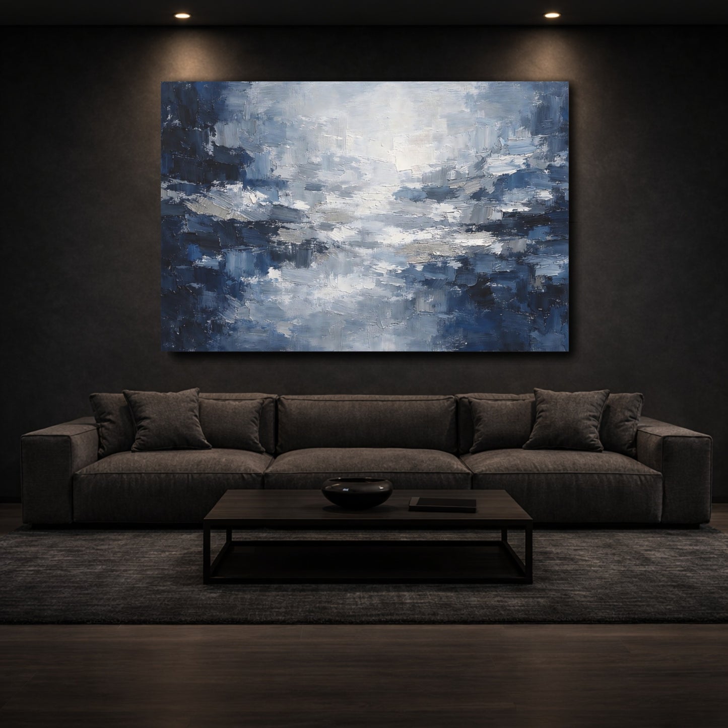 Mockup 2. Abstract Textured Abstract Blue And Grey shown as stretched canvas wall art