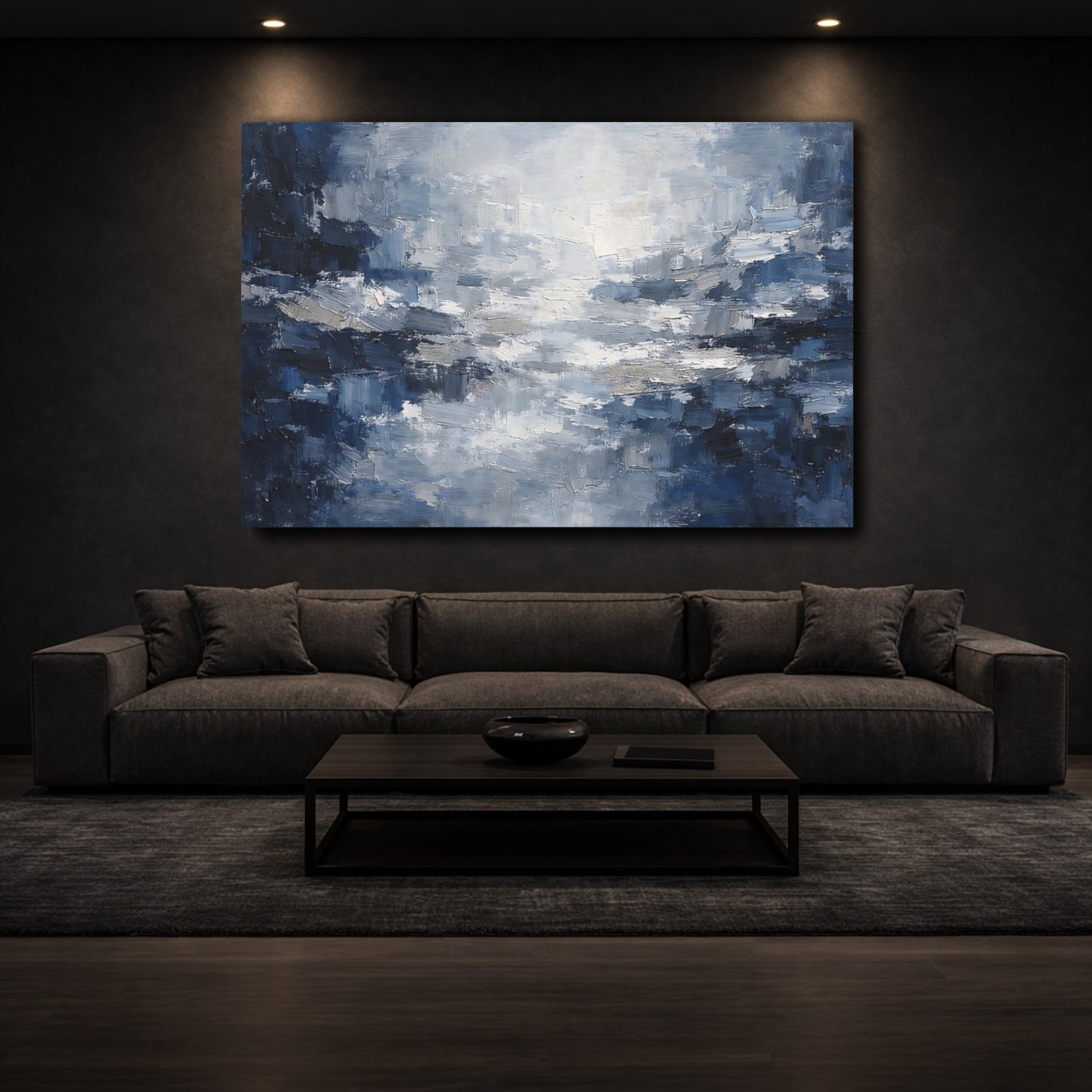 Mockup 2. Abstract Textured Abstract Blue And Grey shown as stretched canvas wall art