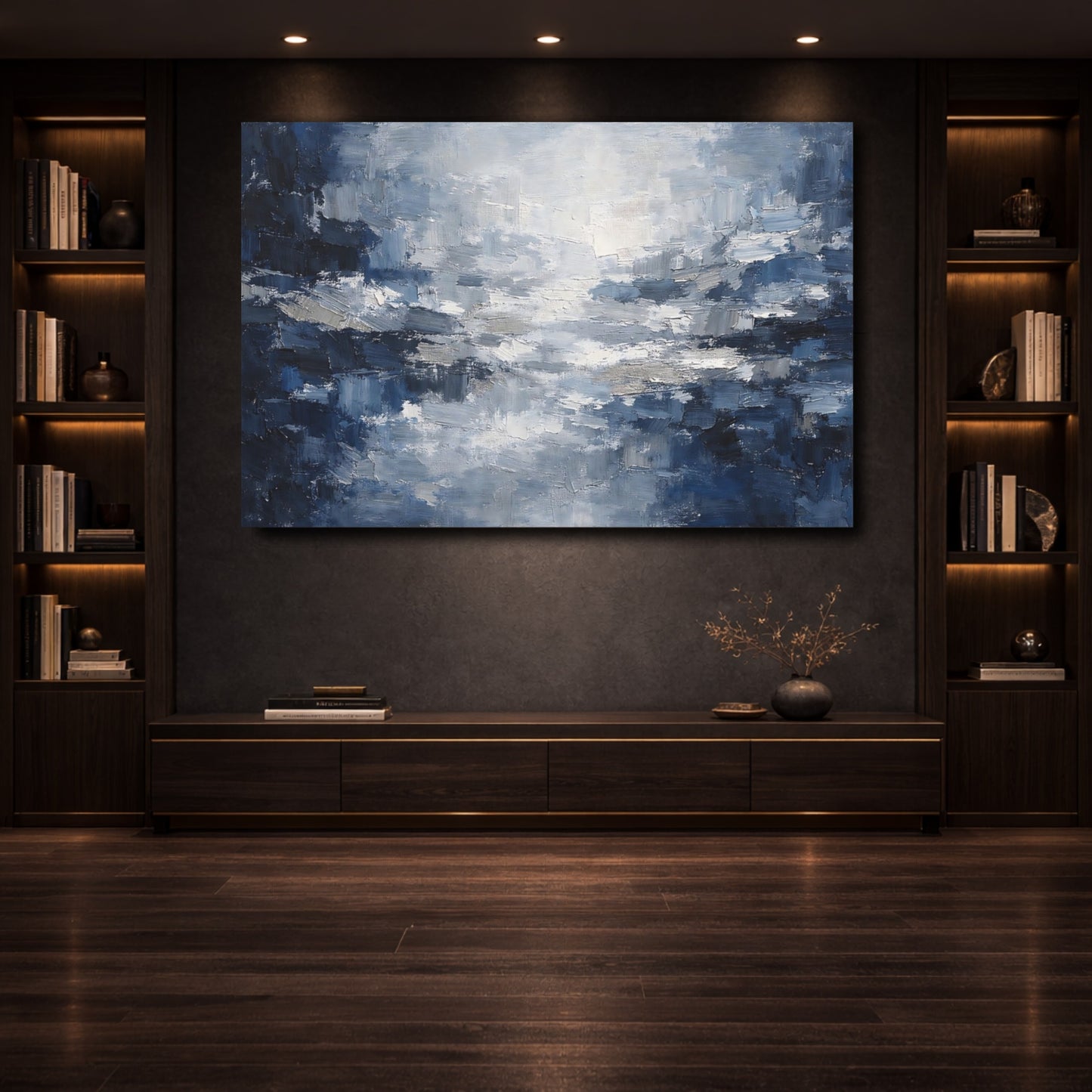 Mockup 3. Abstract Textured Abstract Blue And Grey shown as stretched canvas wall art