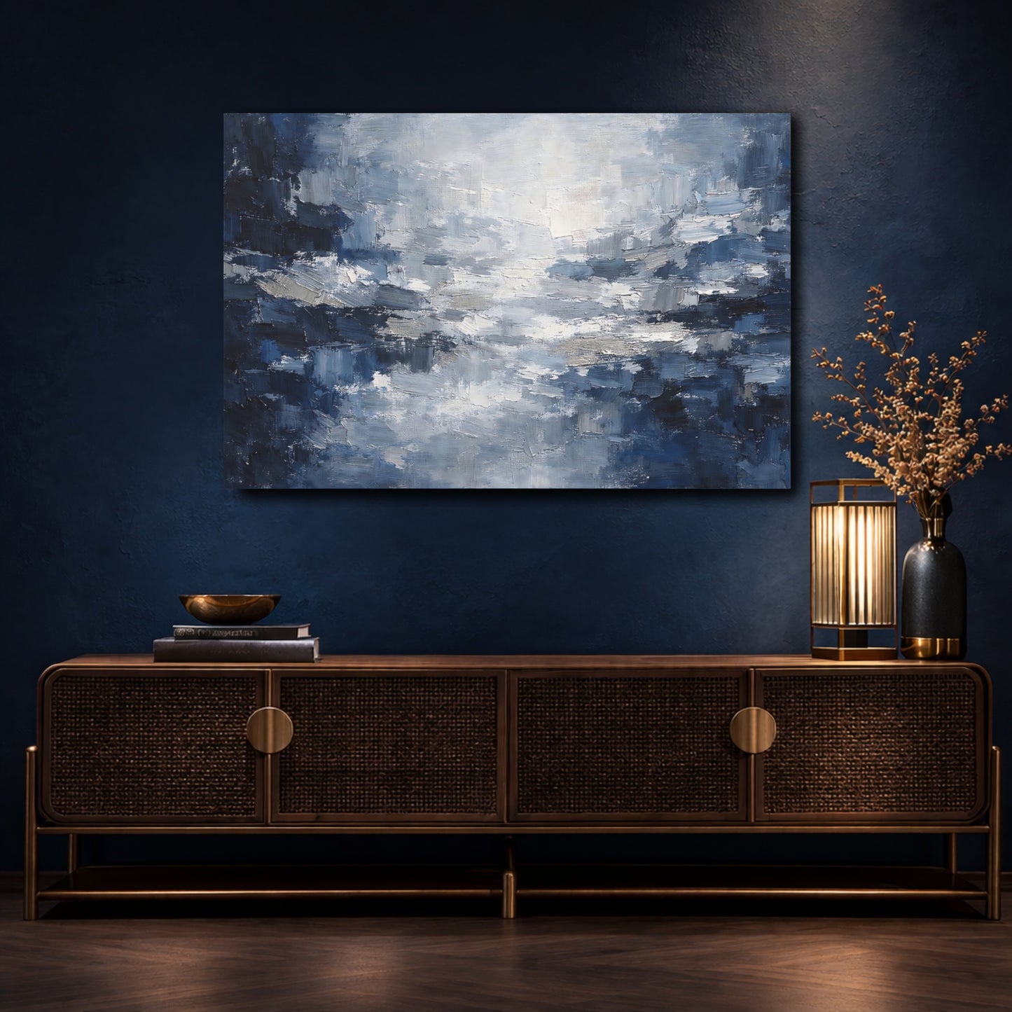 Mockup 4. Abstract Textured Abstract Blue And Grey shown as stretched canvas wall art