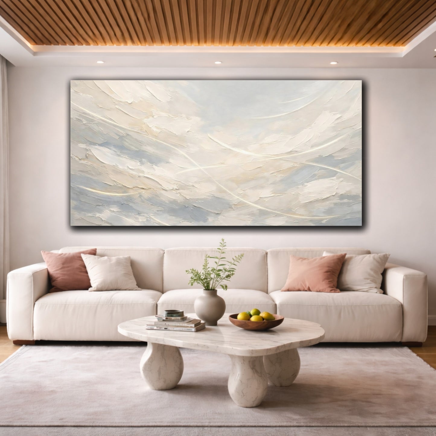 Mockup 3. Abstract Textured Abstract Neutral Beige Gray shown as stretched canvas wall art