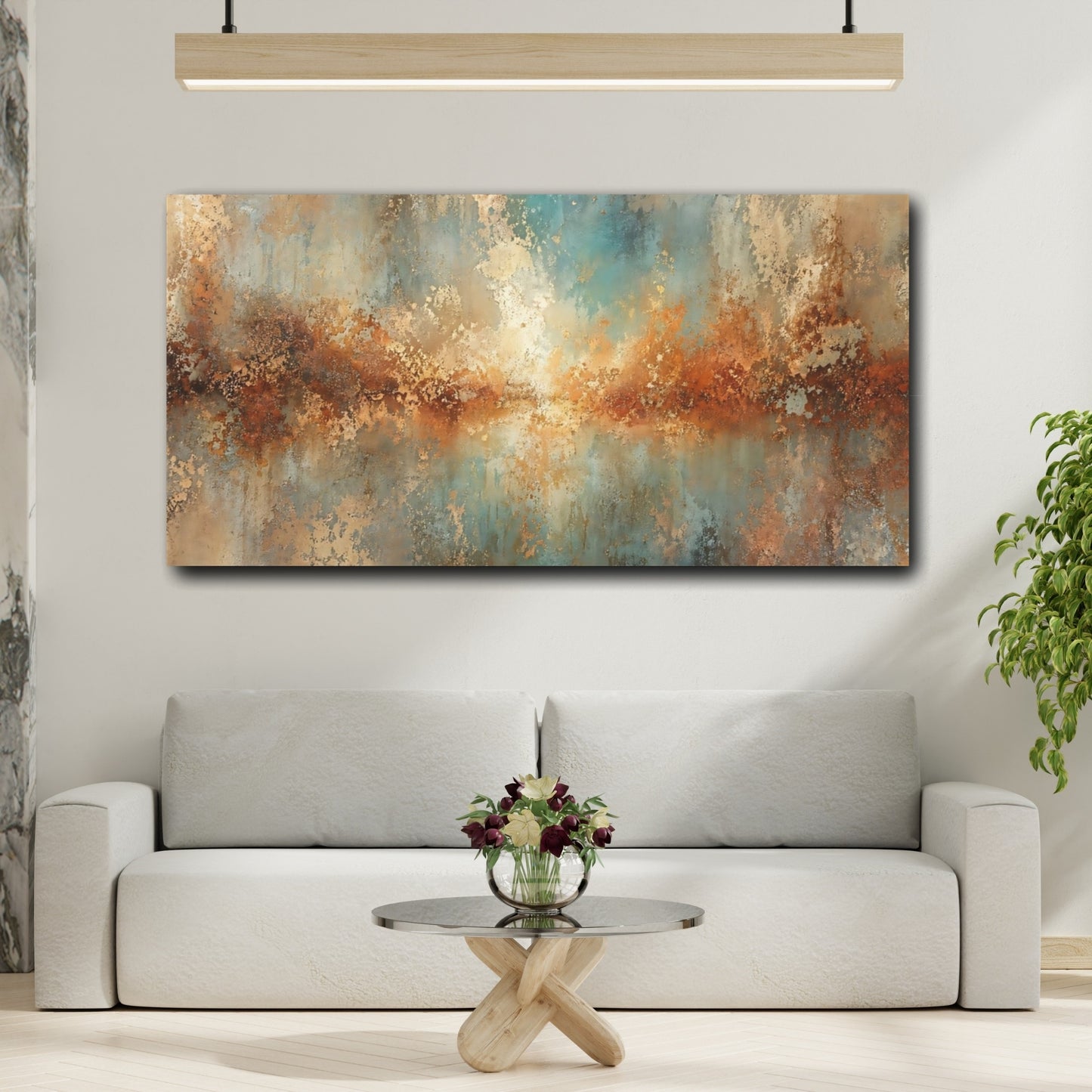 Mockup 3. Abstract Textured Abstract Teal Copper Abstract shown as stretched canvas wall art