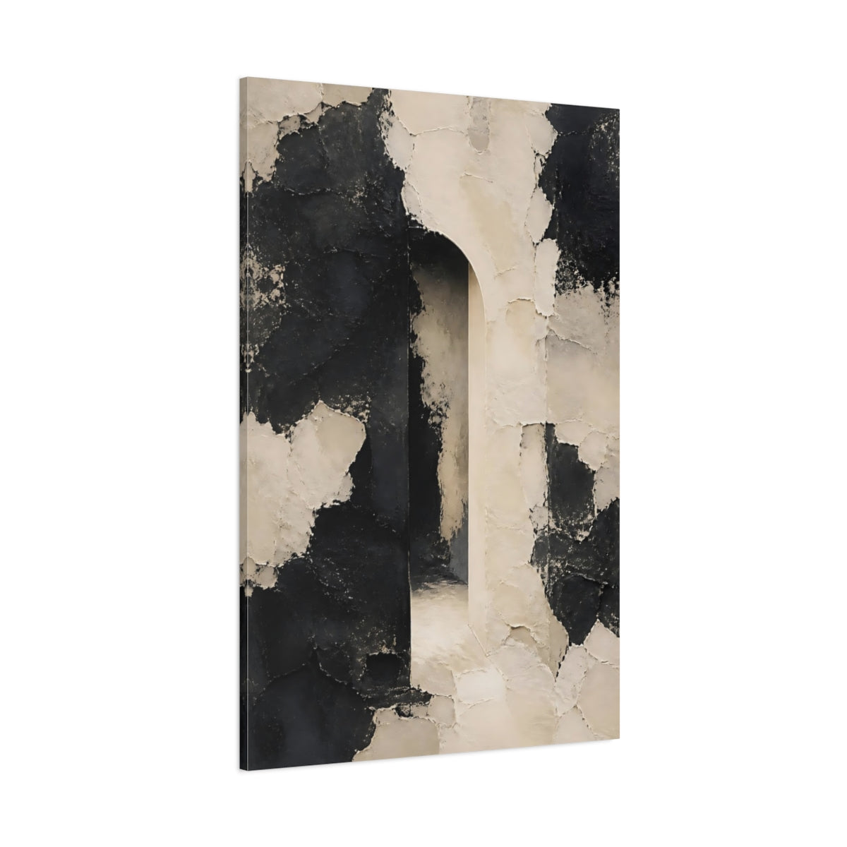 Side Mockup 1. Abstract Textured Archway Black And White shown as stretched canvas wall art