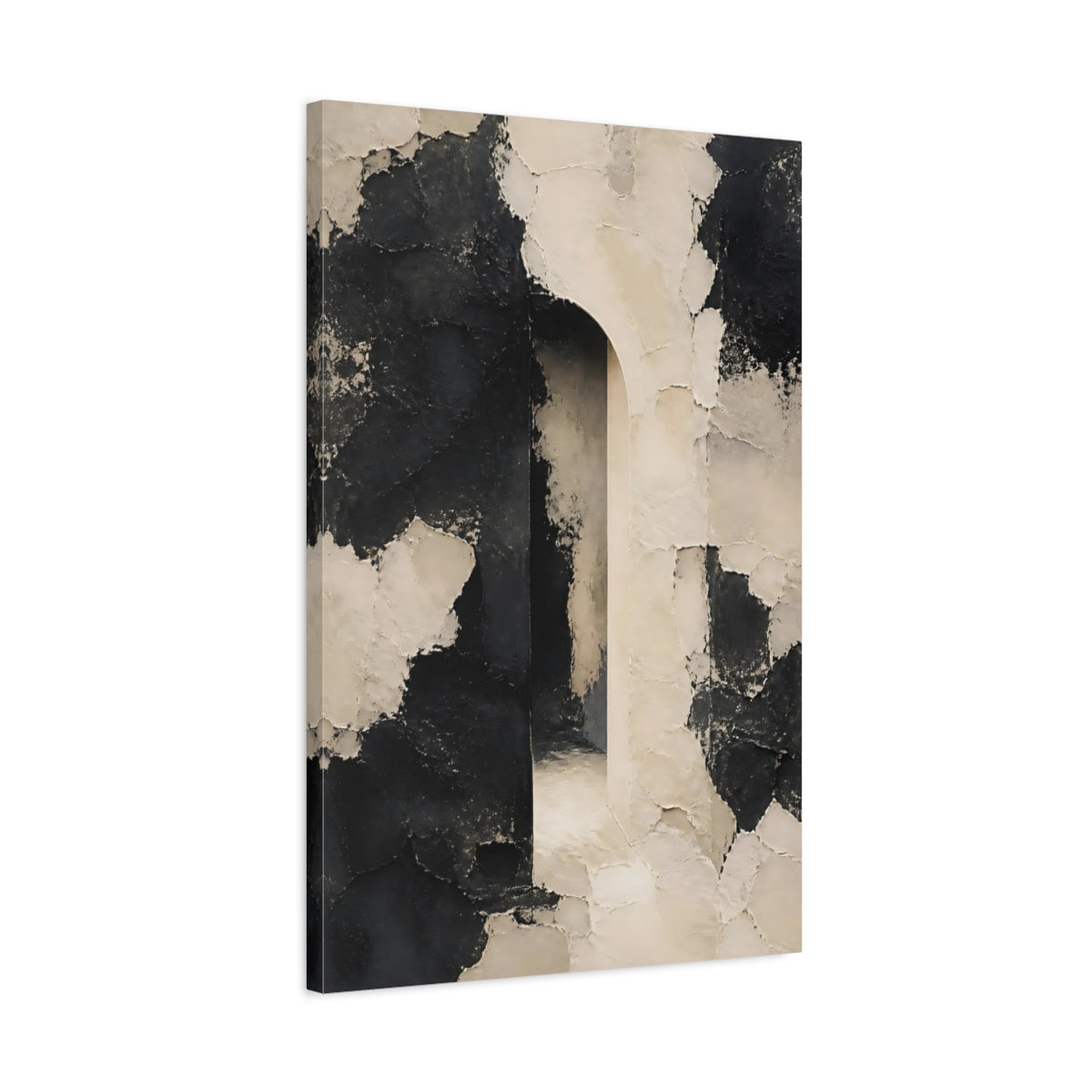 Side Mockup 2. Abstract Textured Archway Black And White shown as stretched canvas wall art