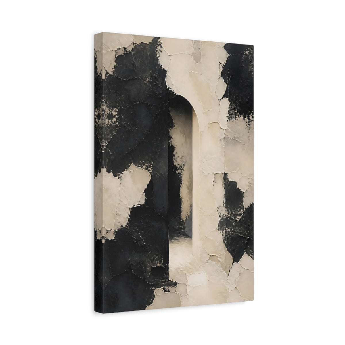 Side Mockup 4. Abstract Textured Archway Black And White shown as stretched canvas wall art