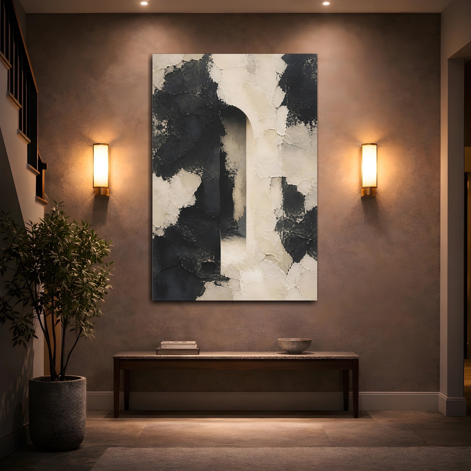 Mockup 2. Abstract Textured Archway Black And White shown as stretched canvas wall art