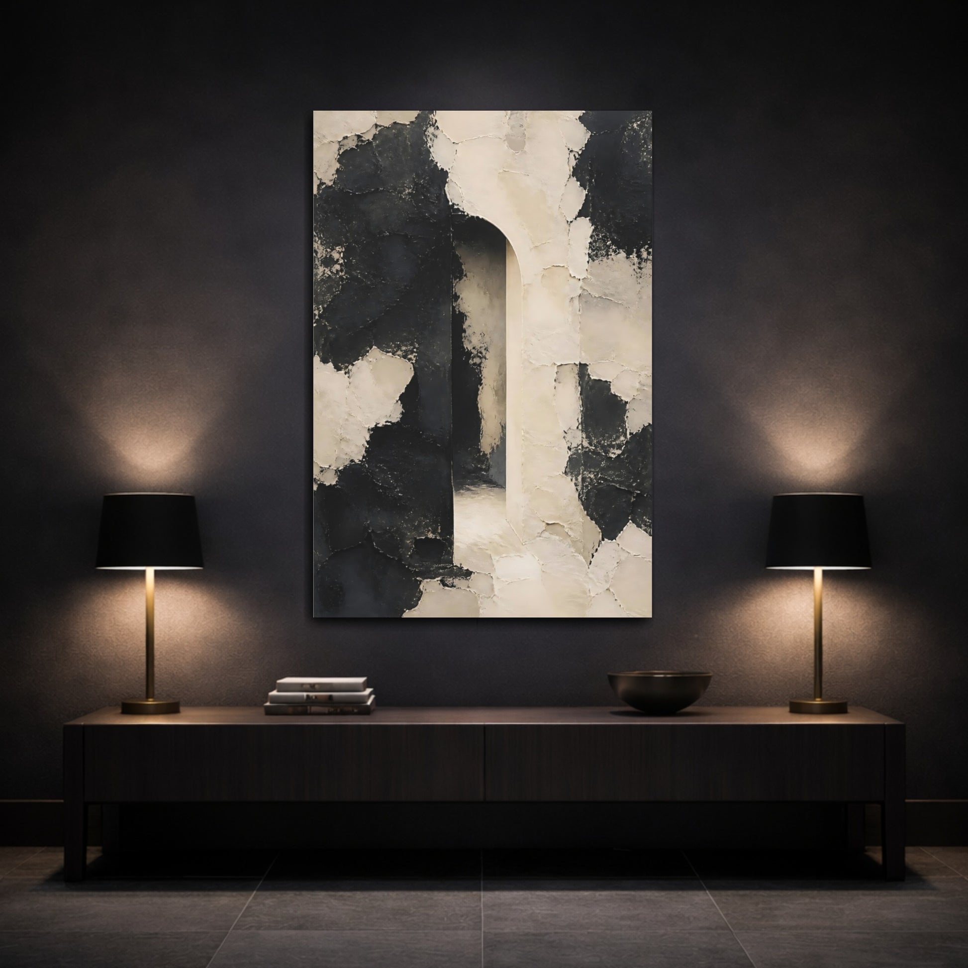 Mockup 3. Abstract Textured Archway Black And White shown as stretched canvas wall art