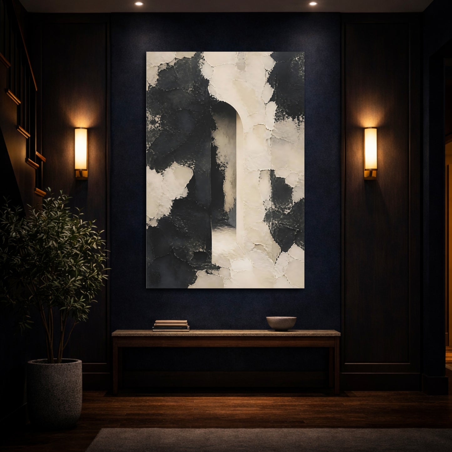 Mockup 4. Abstract Textured Archway Black And White shown as stretched canvas wall art