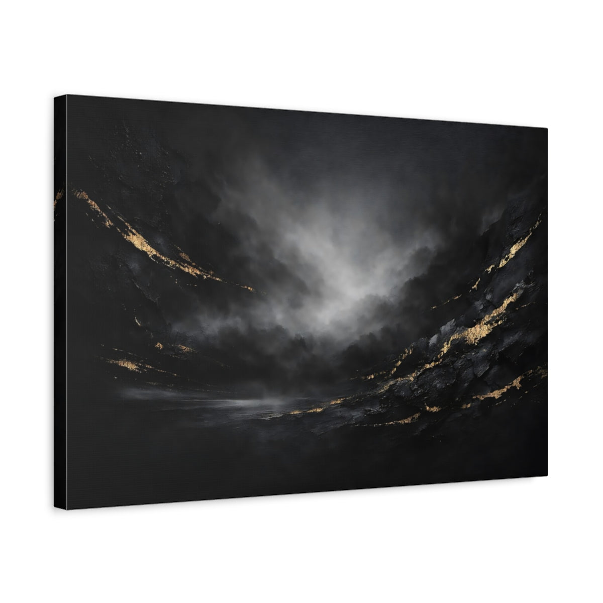 Side Mockup 3. Abstract Textured Abstract Black And Gold Abstract shown as stretched canvas wall art