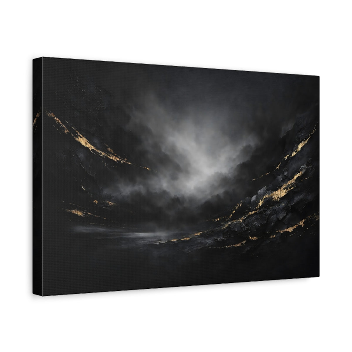 Side Mockup 4. Abstract Textured Abstract Black And Gold Abstract shown as stretched canvas wall art