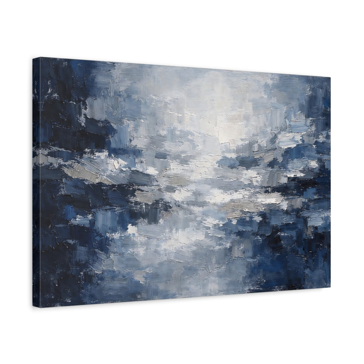 Side Mockup 3. Abstract Textured Abstract Blue And Grey shown as stretched canvas wall art