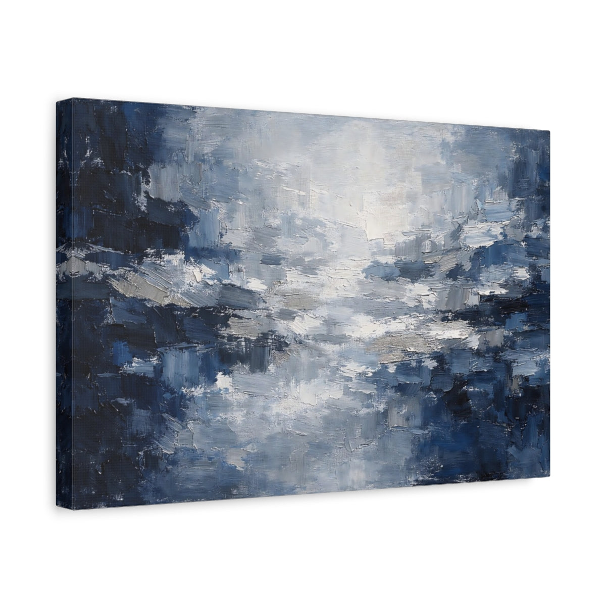 Side Mockup 4. Abstract Textured Abstract Blue And Grey shown as stretched canvas wall art