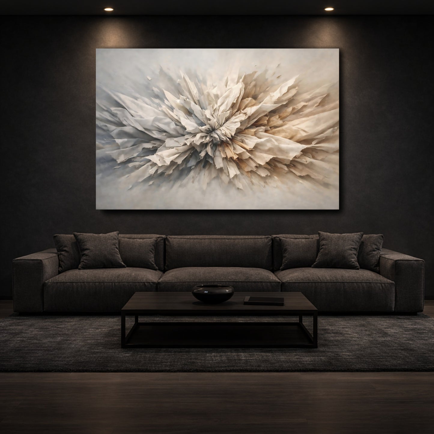 Mockup 2. Abstract Textured Burst Neutral Abstract shown as stretched canvas wall art