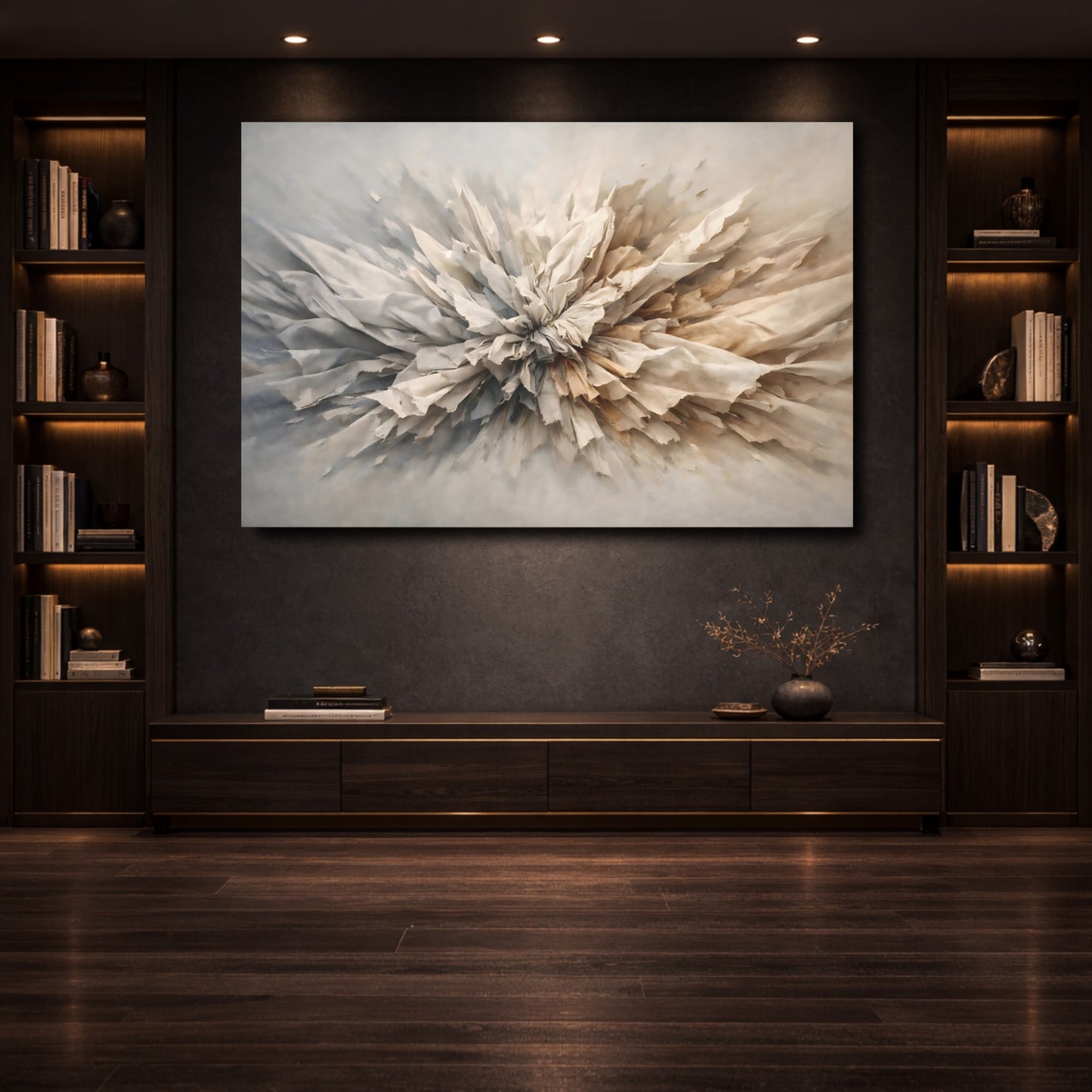 Mockup 3. Abstract Textured Burst Neutral Abstract shown as stretched canvas wall art