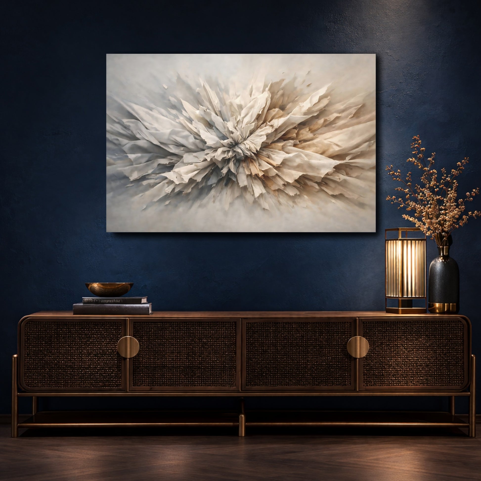 Mockup 4. Abstract Textured Burst Neutral Abstract shown as stretched canvas wall art