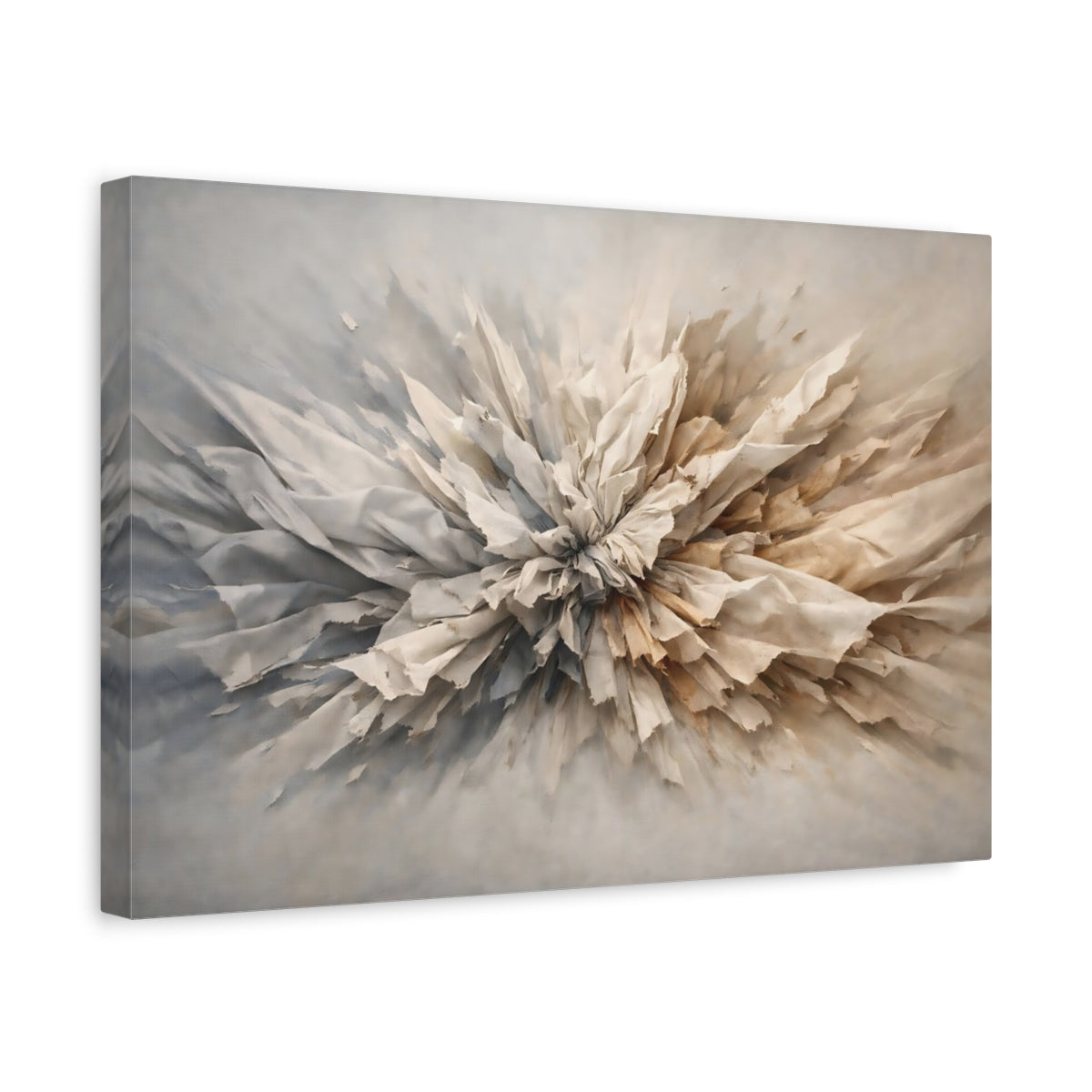 Side Mockup 4. Abstract Textured Burst Neutral Abstract shown as stretched canvas wall art