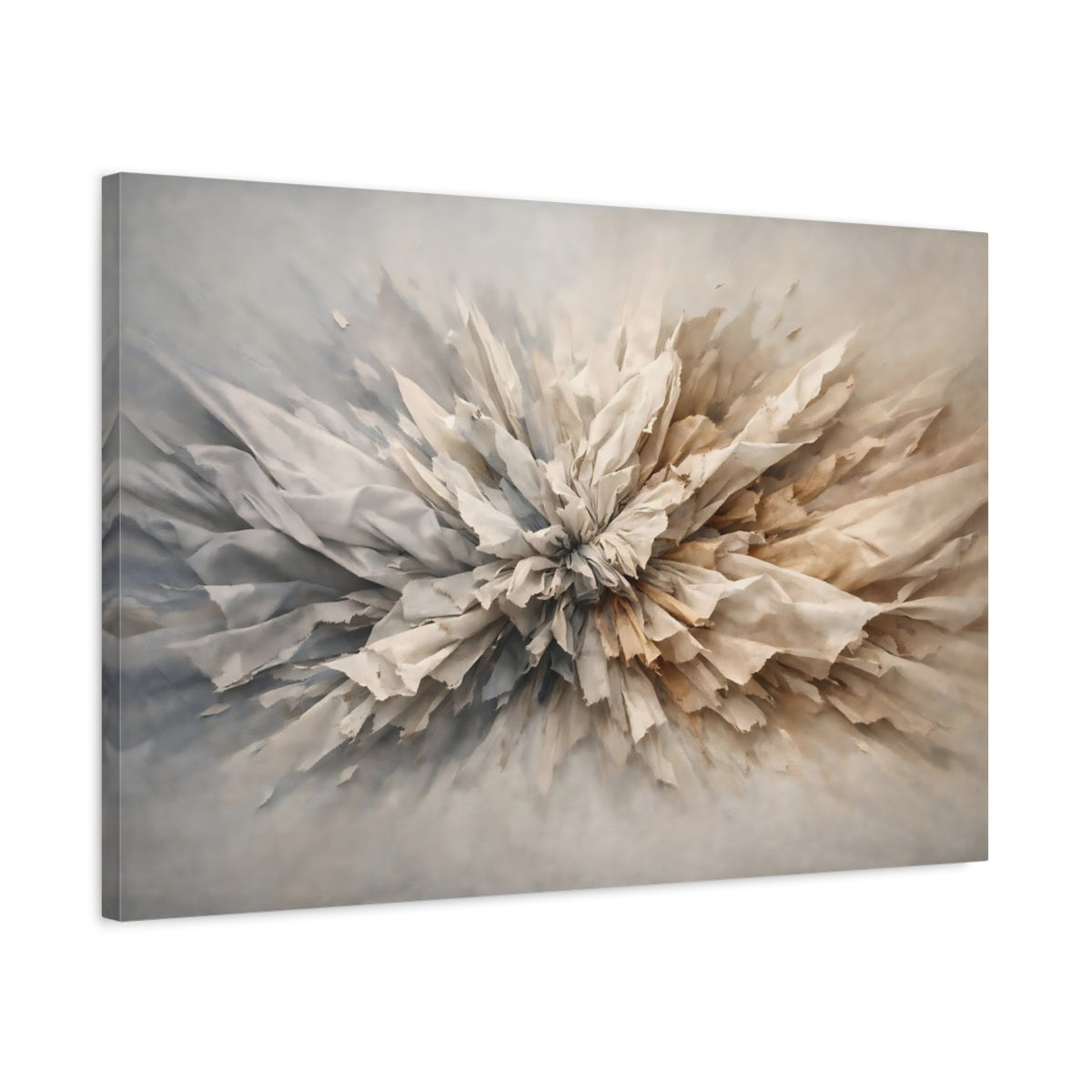 Side Mockup 2. Abstract Textured Burst Neutral Abstract shown as stretched canvas wall art