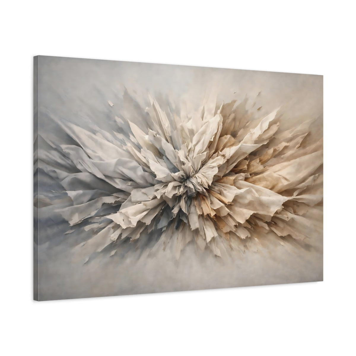 Side Mockup 1. Abstract Textured Burst Neutral Abstract shown as stretched canvas wall art