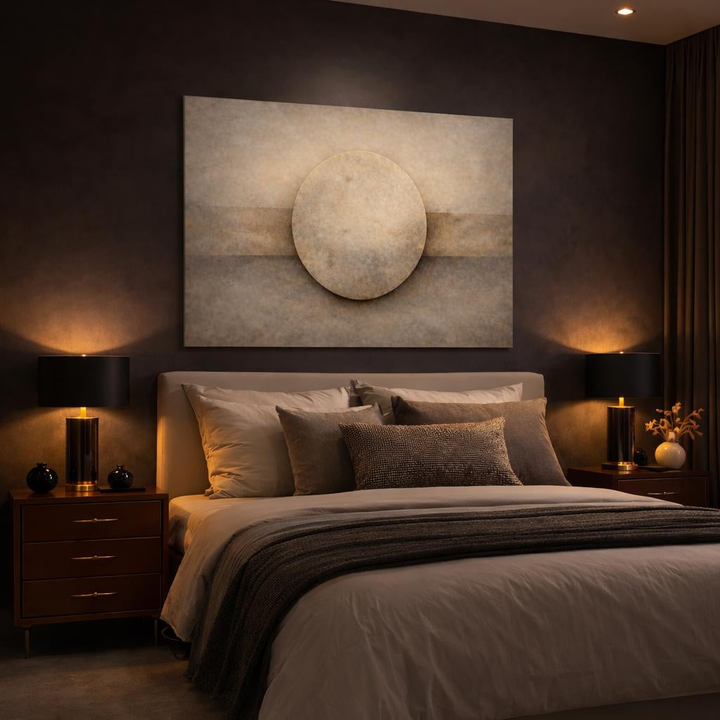 Abstract Textured Circle Beige And Brown shown as canvas wall art in a luxury bedroom