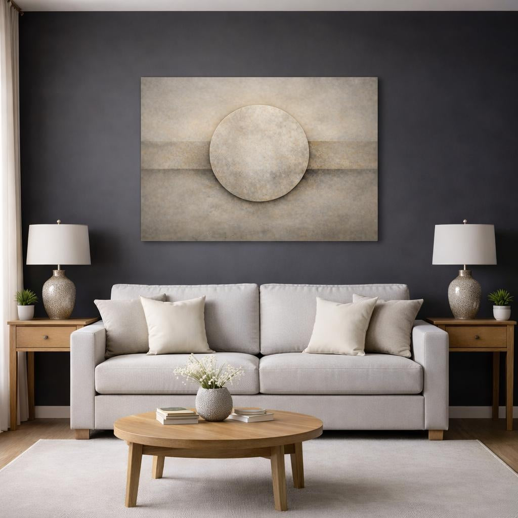 Abstract Textured Circle Beige And Brown shown as canvas wall art in a modern living room