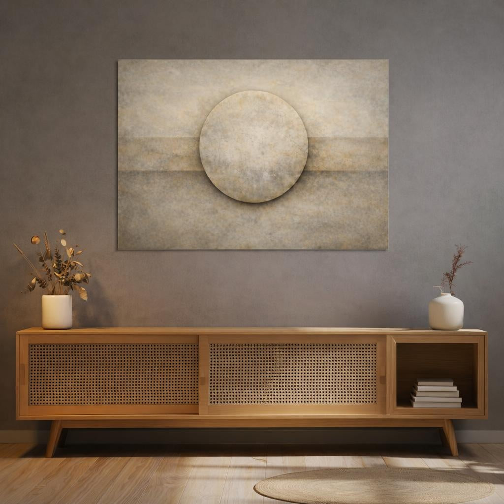 Abstract Textured Circle Beige And Brown shown as canvas wall art in a luxury executive office