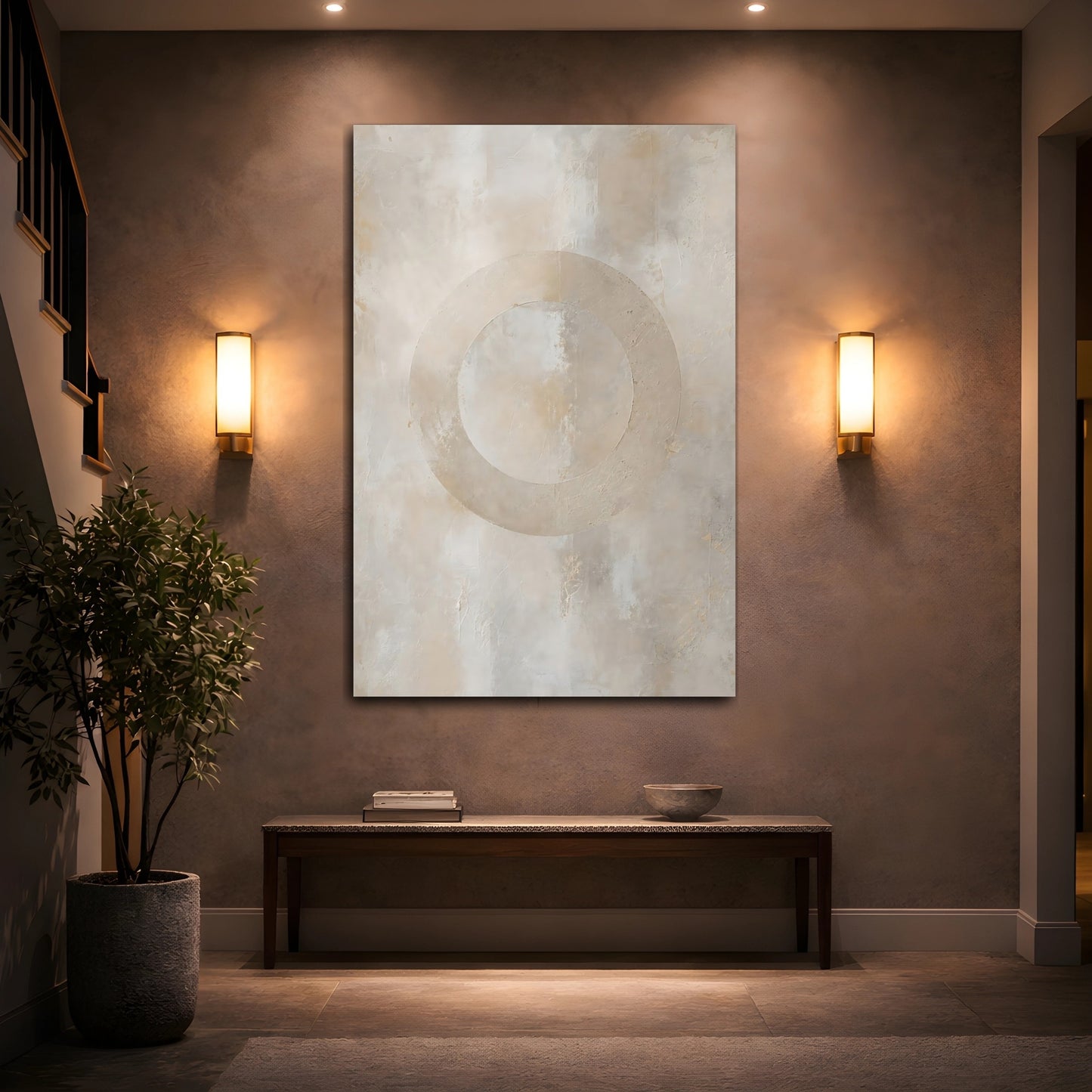 Mockup 2. Abstract Textured Circle Neutral Abstract shown as stretched canvas wall art